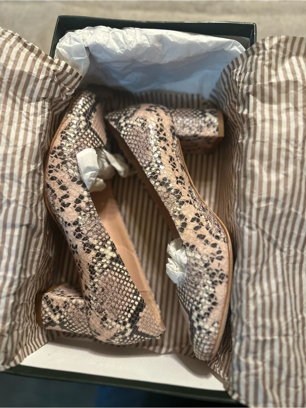 Snake-Skin Block Heel Pumps in Black and Gray